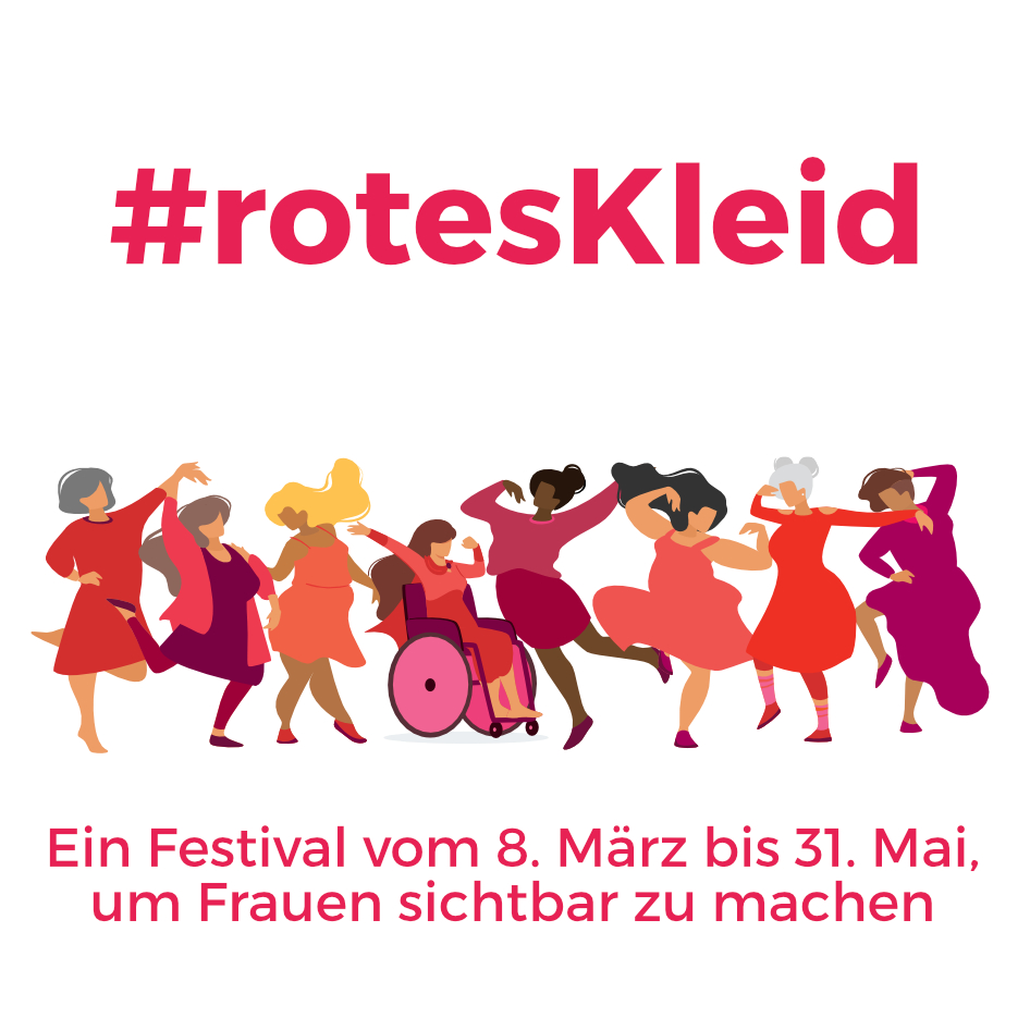 Das Festival-Logo zur Aktion #rotesKleid mit vielen Frauen in roten Kleidern, die fröhlich tanzen. 